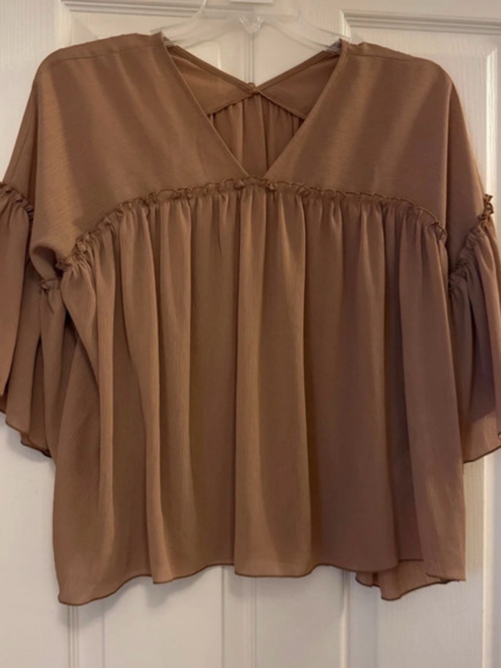 Relaxed V-Neck Peasant Blouse in Tan